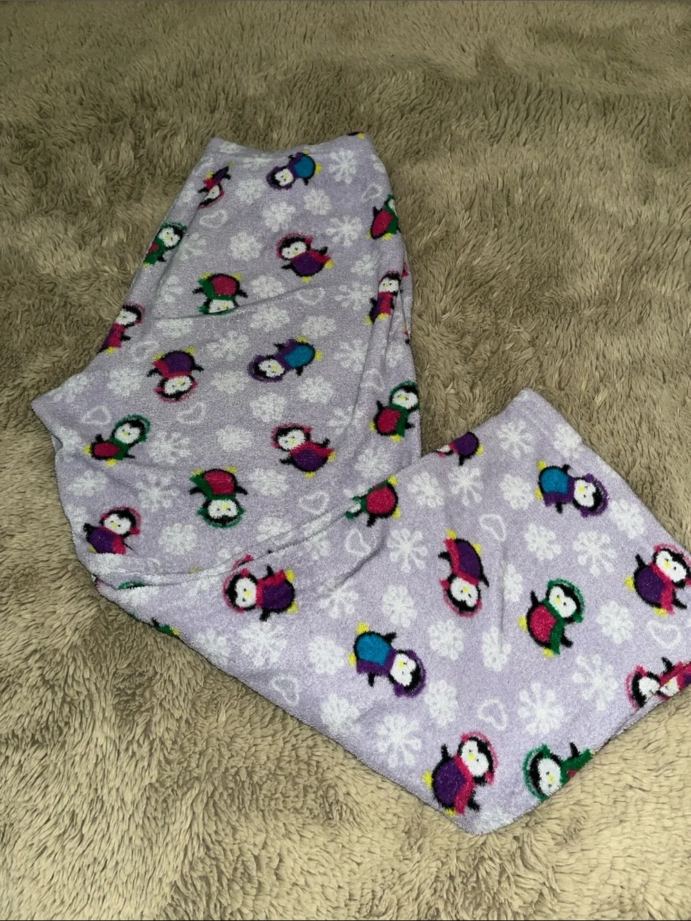 Faded Glory Lavender Fleece Pajama Pants with Colorful Penguin Print